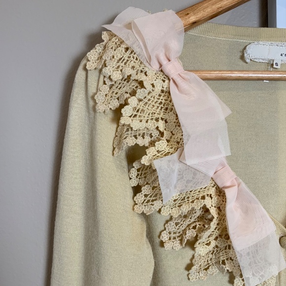 A’Reve Crochet Chiffon Bow V-neckline Cardigan Sweater - Picture 5 of 16